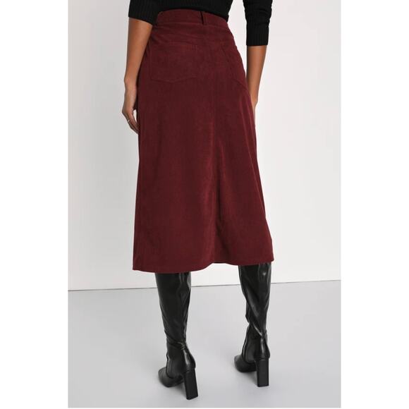 Lulu's Refreshing Romance Burgundy Corduroy Midi Skirt- Women's Size Small - Picture 4 of 7